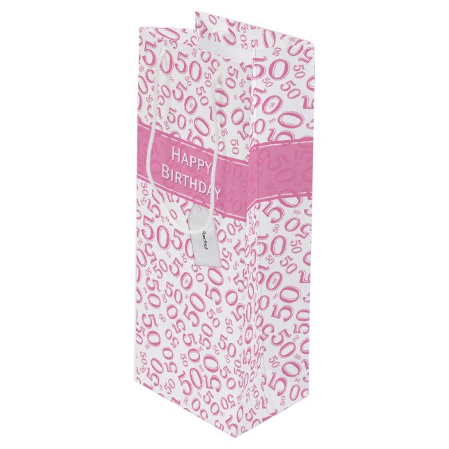50th Birthday Random Number Pattern Pink/White Wine Gift Bag (Front Angled)