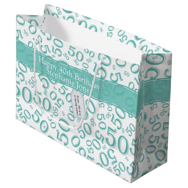 50th Birthday Random Number Pattern Teal/White Large Gift Bag (Front Angled)