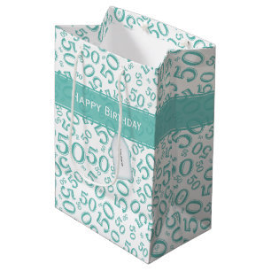 50th Birthday Random Number Pattern Teal/White Medium Gift Bag