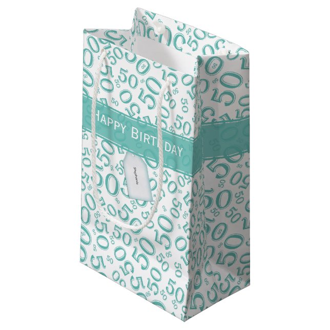50th Birthday Random Number Pattern Teal/White Small Gift Bag (Front Angled)