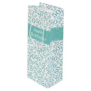 50th Birthday Random Number Pattern Teal/White Wine Gift Bag