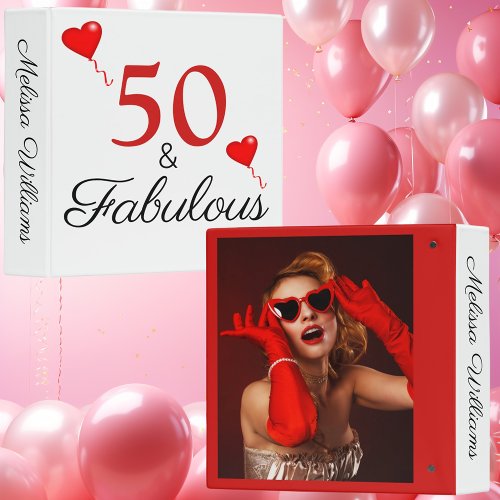 50th Birthday Red 50 and Fabulous Name and Photo 3 Ring Binder