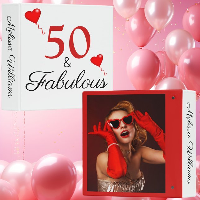 50th Birthday Red 50 and Fabulous Name and Photo 3 Ring Binder (50th Birthday Red 50 and Fabulous Name and Photo 3 Ring Binder)