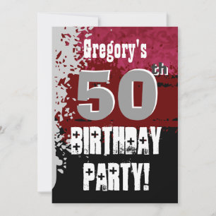 50th Birthday Red and Black Grunge Custom Name Invitation