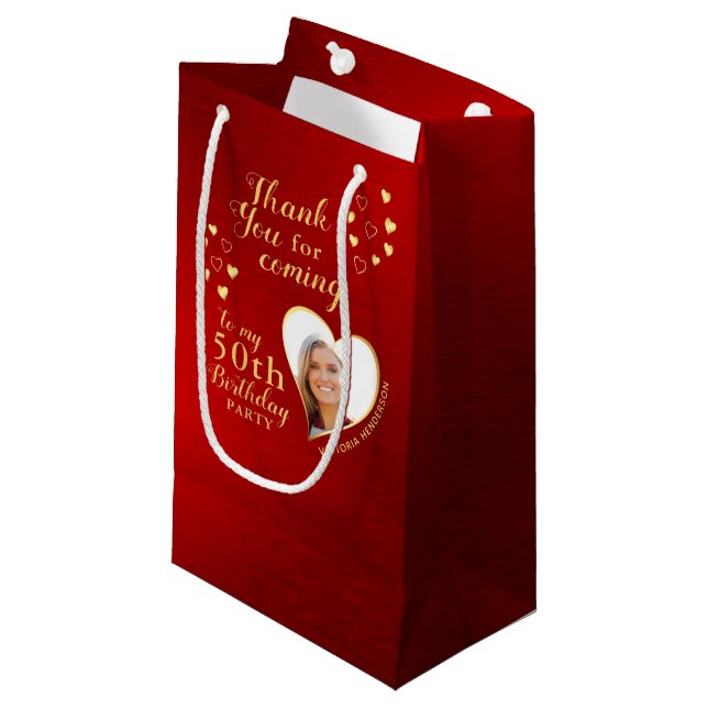 50th Birthday Red and Gold Thank You Favor Small Gift Bag (Front Angled)