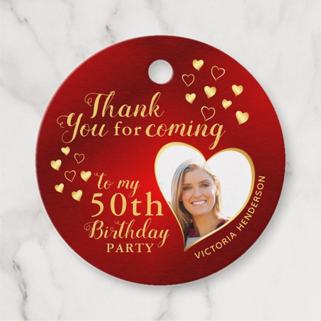 50th Birthday Red and Gold Thank You Favor Tags (Front)