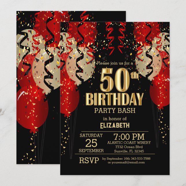50th Birthday - Red Balloons  Invitation (Front/Back)