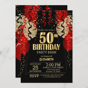 50th Birthday - Red Balloons  Invitation