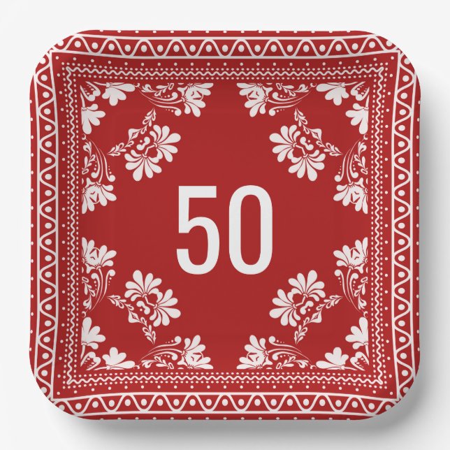 50th Birthday Red Bandana Paper Plates (Front)