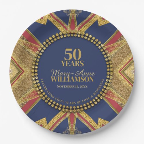 50th Birthday Red Blue Gold Geometry Paper Plates