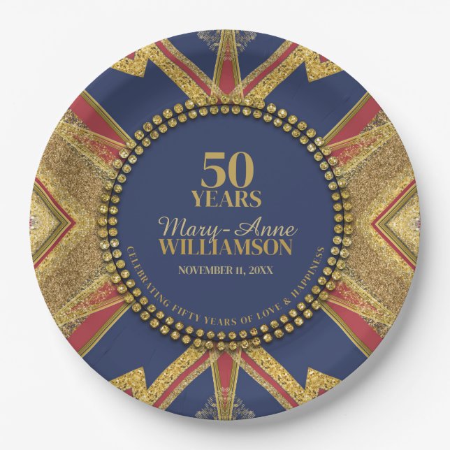 50th Birthday Red Blue Gold Geometry Paper Plates (Front)