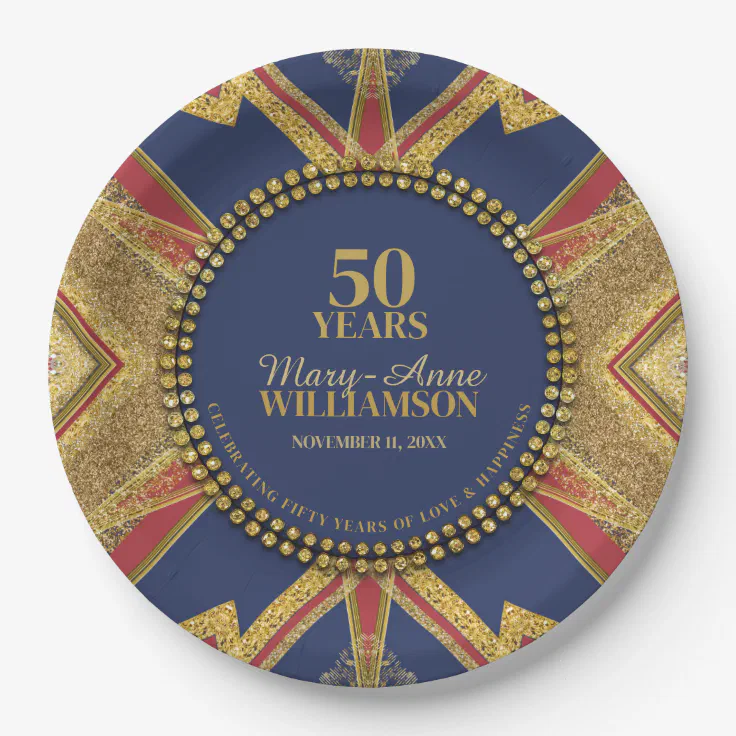 50th Birthday Red Blue Gold Geometry Paper Plates Zazzle