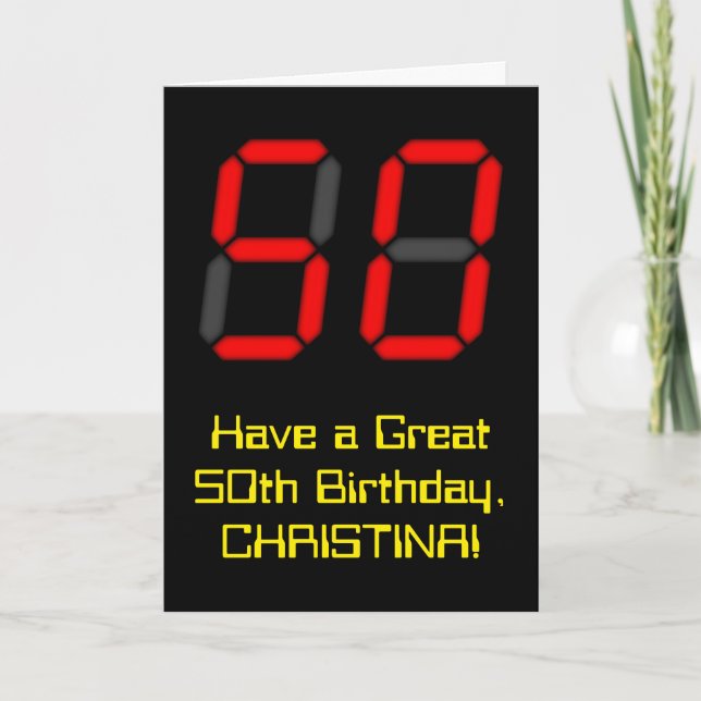 50th Birthday: Red Digital Clock Style "50" + Name Card (Front)