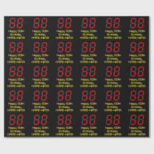 50th Birthday: Red Digital Clock Style "50" + Name Wrapping Paper
