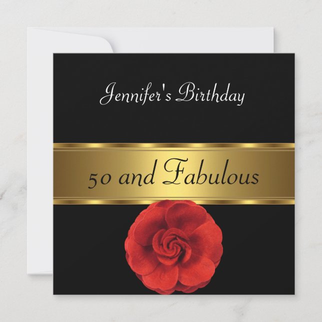 50th birthday Red Flower Black Gold Fabulous Invitation (Front)