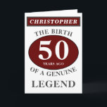 50th Birthday Red Genuine Legend Add Your Name Card<br><div class="desc">Fun 50th "Birth Of A Legend" birthday red, grey and white card. Add the year, change "Legend" to suit your needs. Add the name and a unique message in the card. All easily done using the template provided. You can also change the age to make any age you want eg...</div>