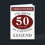 50th Birthday Red Genuine Legend Add Your Name Card<br><div class="desc">Fun 50th "Birth Of A Legend" birthday red, grey and white card. Add the year, change "Legend" to suit your needs. Add the name and a unique message in the card. All easily done using the template provided. You can also change the age to make any age you want eg...</div>