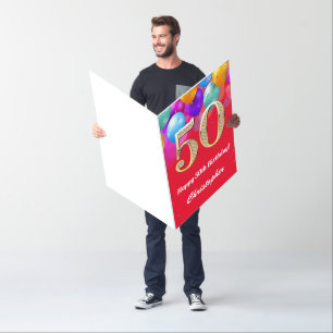 50th Birthday Red & Gold Balloon Extra Large Jumbo Card
