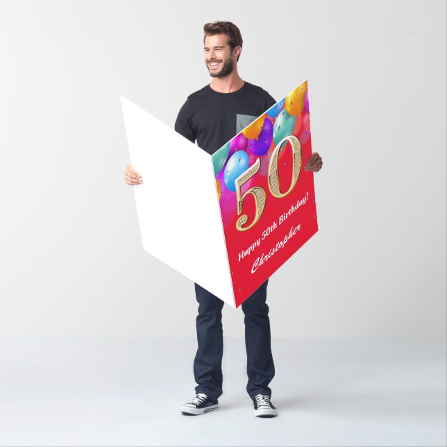 50th Birthday Red & Gold Balloon Extra Large Jumbo Card (In Situ)