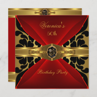 50th Birthday Red Gold Black Damask Floral Jewel Invitation