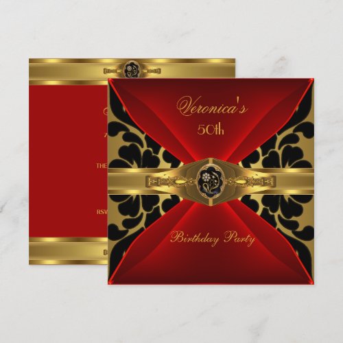 50th Birthday Red Gold Black Damask Floral Jewel Custom Invites