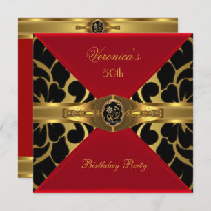 50th Birthday Red Gold Black Damask Floral Jewel Invitation