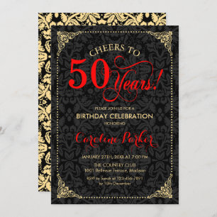 50th Birthday - Red Gold Black Damask Invitation