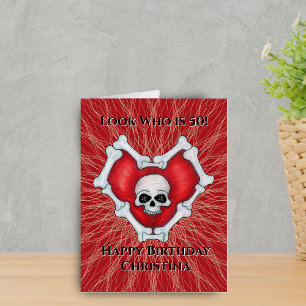 50th Birthday Red Heart of Bones Skull Abstract Card