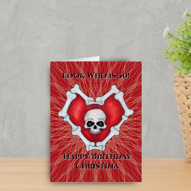 50th Birthday Red Heart of Bones Skull Abstract Card (Red heart of bones with trinkle eye skull on red with abstract lines Happy birthday oversized card.)