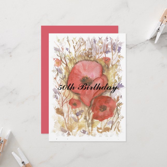 50th Birthday Red poppy Invitation (Front/Back In Situ)