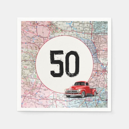 50th Birthday Red Retro Truck on Road Map  Napkins