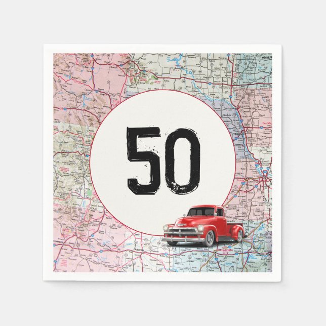 50th Birthday Red Retro Truck on Road Map  Napkins (Front)