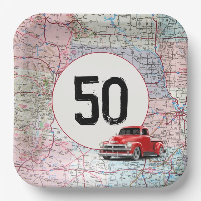 50th Birthday Red Retro Truck on Road Map  Paper Plates (Front)