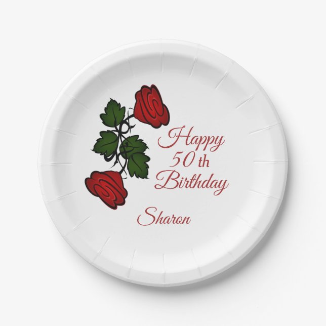 50th Birthday Red Rose Paper Plates (Front)