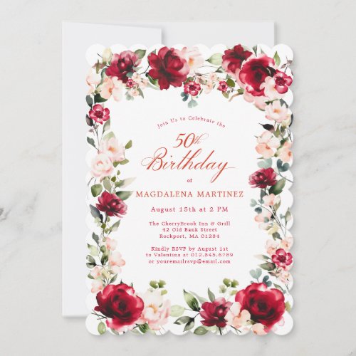 50th Birthday Red Rose Pink Peony Floral Invitation