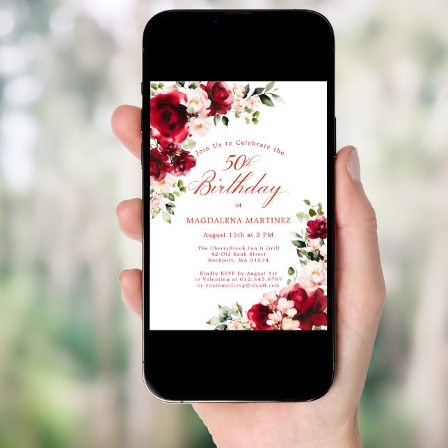 50th Birthday Red Rose Pink Peony Floral Invitation (Front Digital)