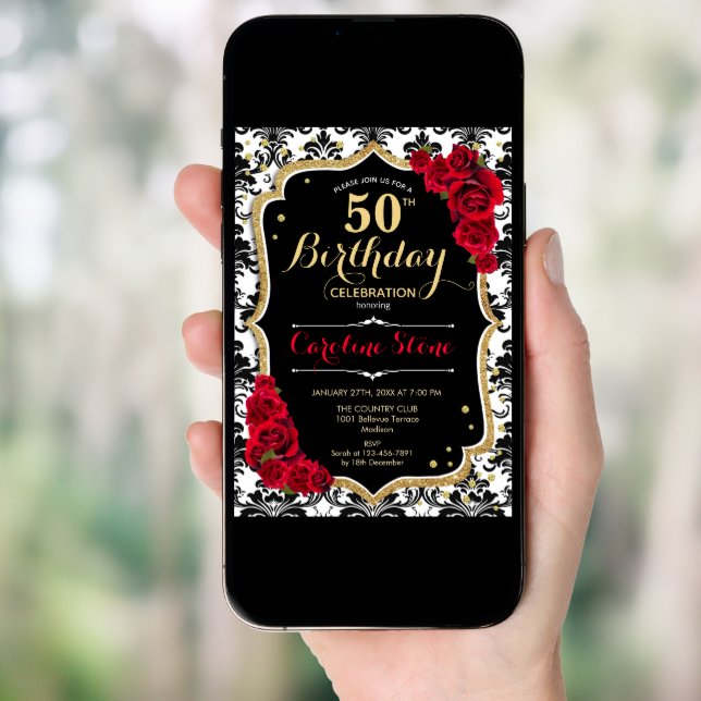 50th Birthday - Red Roses Gold Black Damask Invitation (Front Digital)