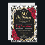 50th Birthday - Red Roses Gold Black Damask Invitation<br><div class="desc">50th Birthday Invitation.
Elegant red black white design with faux glitter gold. Features damask,  script font and roses. Perfect for an elegant birthday party. Can be personalized into any year! Message me if you need further customization.</div>