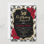 50th Birthday - Red Roses Gold Black Damask Invitation<br><div class="desc">50th Birthday Invitation.
Elegant red black white design with faux glitter gold. Features damask,  script font and roses. Perfect for an elegant birthday party. Can be personalized into any year! Message me if you need further customization.</div>