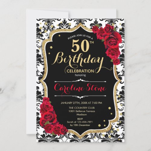 50th Birthday _ Red Roses Gold Black Damask Invitation