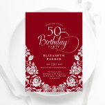 50th Birthday Red Silver Roses Invitation<br><div class="desc">Red silver elegant 50th birthday party invitation. Classy design featuring roses,  faux silver foil and typography script font. Trendy invite card perfect for a stylish female bday celebration. Personalize with your own details. Can be customized to any age. Printed Zazzle invitations or instant download digital printable template.</div>