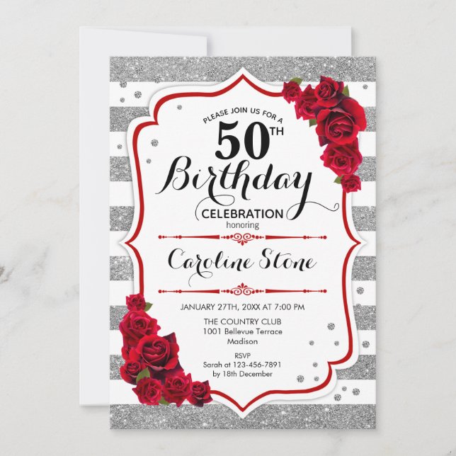 50th Birthday -  Red Silver White Stripes Roses Invitation (Front)