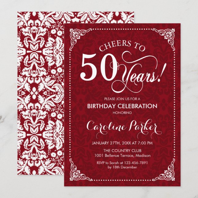 50th Birthday - Red White Damask Invitation (Front/Back)