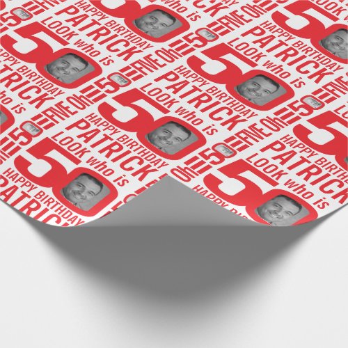 50th birthday red white look 50 custom photo name wrapping paper