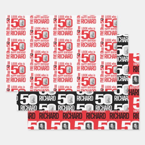 50th birthday red white look 50 custom photo name wrapping paper sheets