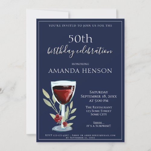 50th Birthday Red Wine Navy Blue Party Invitation