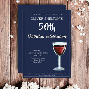 50th Birthday Red Wine Navy Blue Watercolor Invitation