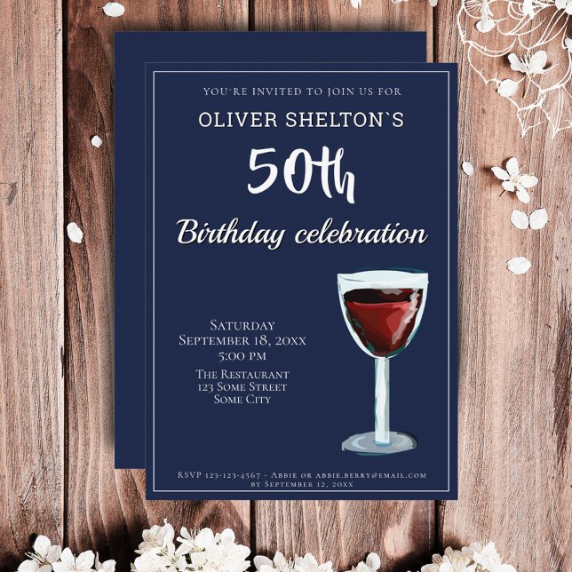 50th Birthday Red Wine Navy Blue Watercolor Invitation (Creator Uploaded)