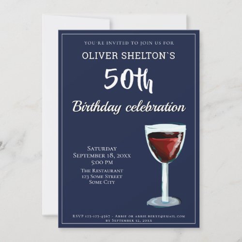 50th Birthday Red Wine Navy Blue Watercolor Invitation