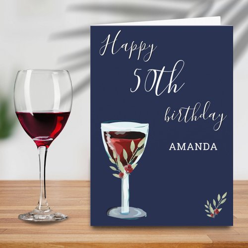50th Birthday Red Wine Rose Watercolor Navy Blue Card